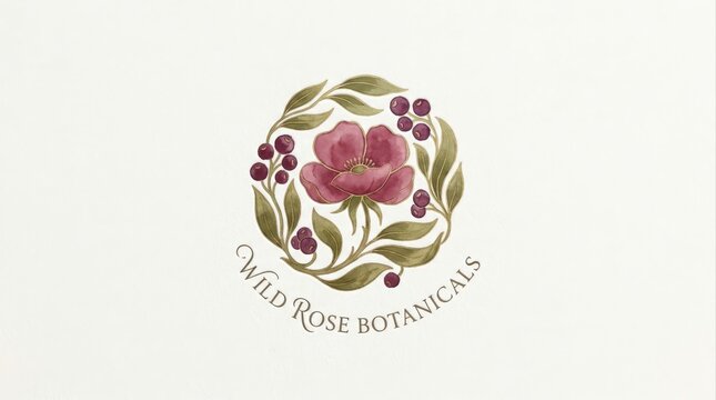 Watercolor wild rose botanical logo illustration with elegant floral wreath and berries
