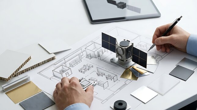 Aerospace engineering satellite prototype on technical blueprint, space technology design process, engineer hands working on orbital spacecraft model