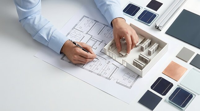 Sustainable architect planning house with solar panels, green energy building blueprint, eco-friendly home design with material samples