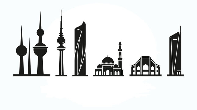 Architectural silhouettes of middle eastern landmarks against a white background silhouette
