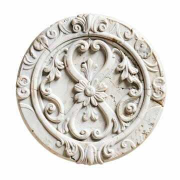 Classical round stone medallion with ornate floral relief pattern, carved decorative element on white background
