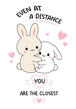 kawaii card with two hugging bunnies and a romantic inscription.