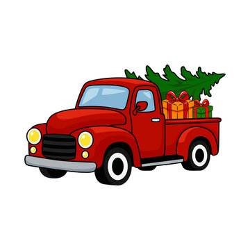 New Year's illustration for greeting cards a red car with a Christmas tree and presents, cartoon style 