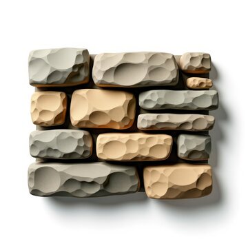 Handbuilt dry stone wall sample with interlocking stones in various sizes on white background