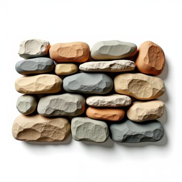 Handbuilt dry stone wall sample with interlocking variously sized stones on white background