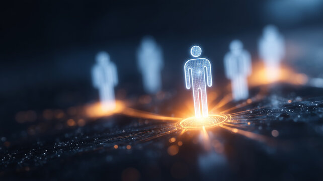 A digital human figure connected across a network represents identity management and controlled access in modern systems.
