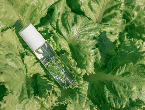 Roll-on bottle containing cosmetic oil and green plant elements, resting on bed of fresh, organic lettuce leaves under natural light
