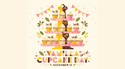 Fototapeta premium Vanilla cupcake day illustration in festive retro style with bright pastel colors and flat design for bakery advertising
