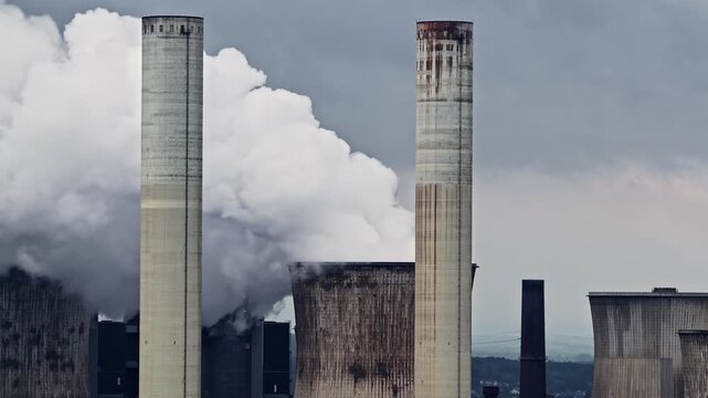 Industrial chimneys and cooling towers of the Niederau&szlig;em power plant in Germany polluting the air