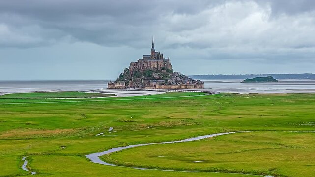 Aerial hyperlapse moves forward over green salt marshes toward Mont-Saint-Michel, the famous tidal island abbey in Normandy, France