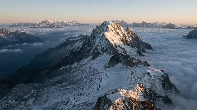 Moving drone tracking peak on alpine ridge as sun rises, showing glacier crevasses and cloud sea