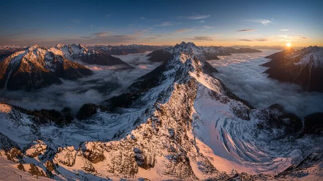 Rising sun bathing central snow-covered ridge at alpine dawn, moving valley fog and glacial cirque