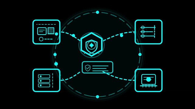 Futuristic digital cybersecurity network interface displaying 4K data protection shield nodes and secure server processing on dark background