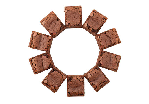 Chocolate brownies arranged in circular pattern isolated on transparent background