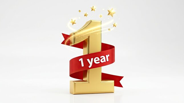 Celebrating one year anniversary with golden numbers and a festive red ribbon