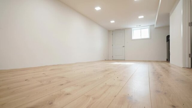 Starting near floor moving camera revealing light wood floor, door, high window
