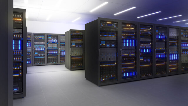 Black storage and processing unit, large AI processing server room, data center storage and network processing room, SSD and hard disk drive storage, and processor cooling system,3D rendering