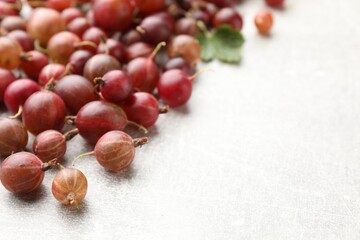 Fresh red gooseberries and green leaf on grey table, closeup. Space for text © New Africa