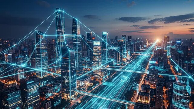Pulsing teal network reacting to data surge, tracing highway at dusk, linking towers, forming grid