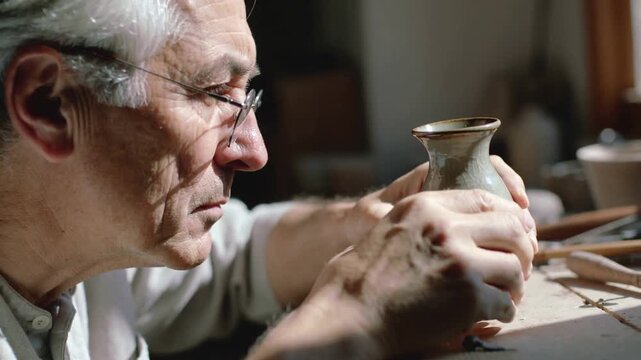 Lifting ceramic pitcher, potter in light shirt and specs turning and checking glaze, rim at shop