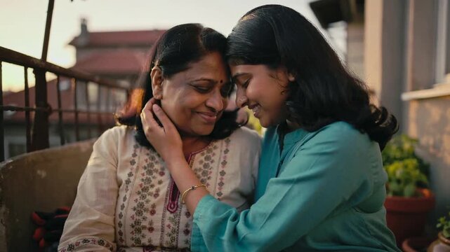 Reaching right-side daughter tucking mother's hair on balcony, cradling neck and comforting her