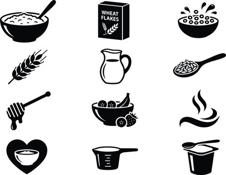 Breakfast cereal vector icon set featuring oatmeal bowls wheat flakes milk jug fruit honey dipper and yogurt