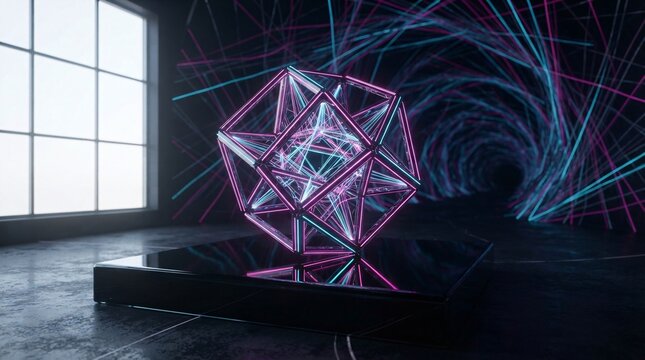 Geometric hypercube on obsidian pedestal