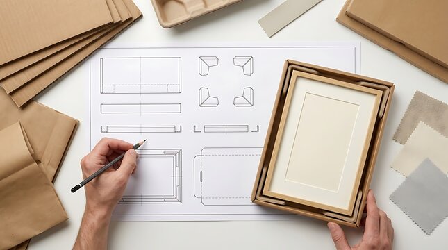 Sustainable packaging design process, eco-friendly cardboard box blueprint, designer hands working on paper prototype mockup