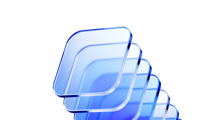 Plakat Stacked translucent blue glass square panels 3d rendering. Presenting tiered subscription models, software development phases, layered data storage on another business process