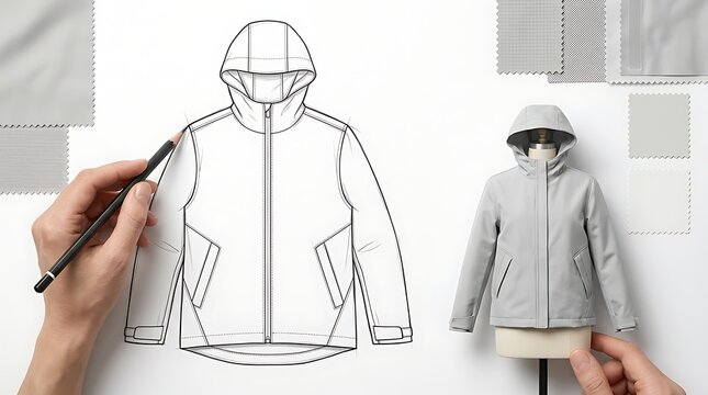 Fashion design technical sketch of a hooded jacket, apparel designer drawing a parka flat lay, clothing prototype with fabric swatches