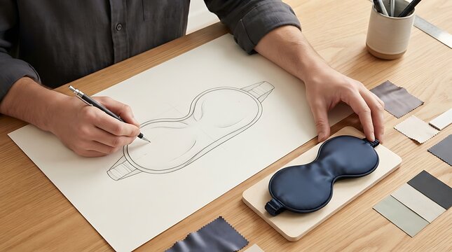Industrial designer sketching sleep mask prototype, product design process on wooden desk, creative workspace with fabric swatches