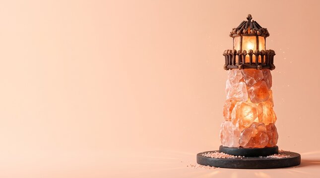 Miniature lighthouse lamp crafted from Himalayan pink salt crystals and aromatic clove buds on stone pedestal, spa wellness and aromatherapy concept, pastel peach background with copy space for banner