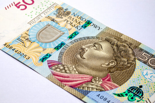Polish 500 zloty banknote featuring King Jan III Sobieski profile and coat of arms. Concept of Polish national currency PLN. European banking.