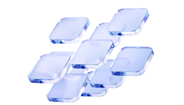 Floating blue translucent glass panels isolated on white. Dynamic data visualization, and modern web design elements. 3d rendering
