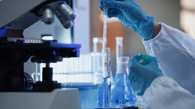 Close up of a gloved hand using a pipette to drop liquid into a graduated cylinder near a microscope, with flask containing blue liquid arranged on a laboratory bench