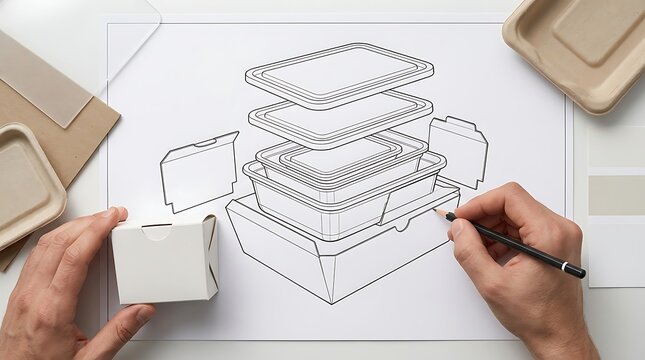 Sustainable packaging design sketch, eco-friendly food container prototype drawing. Industrial designer hands working on biodegradable box concept.