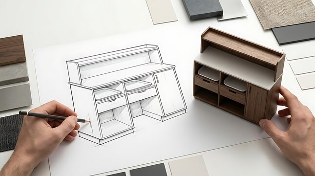 Furniture design process with hand drawing sketch, wooden cabinet scale model, interior designer workspace with material samples