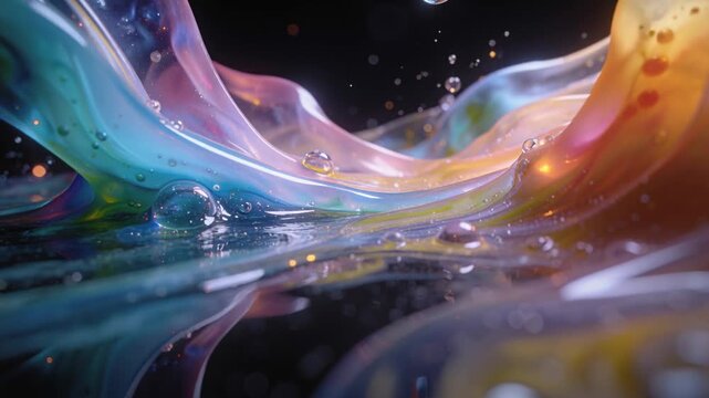 Flowing teal-to-pink and amber ribbons arching over mirror pool in studio, light lifting droplets