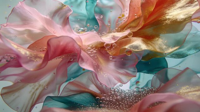 Floating ruffled sheets shifting in tank, rising air bubbles nudging folds and showing gold flecks