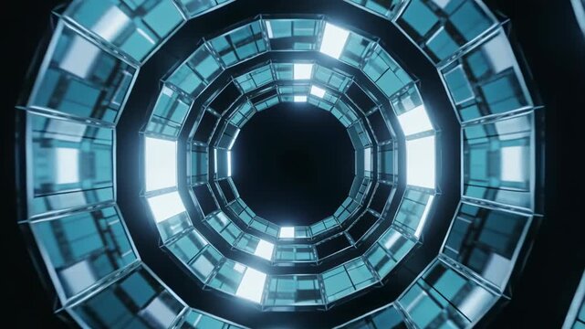 Moving camera approaching concentric ring tunnel in shaft, revealing dark aperture and pulsing LEDs