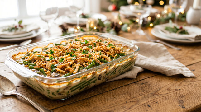 Green bean casserole dish on a wooden table with festive decor  
