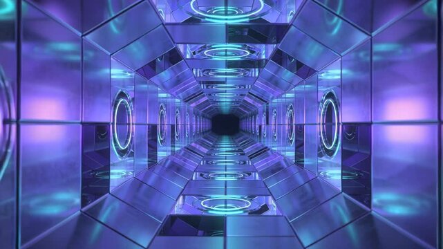 Gliding camera starting forward through mirrored hexagonal corridor, revealing neon rings