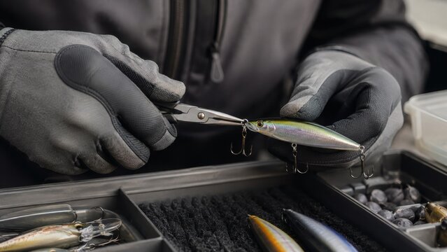 Fisherman wearing gray gloves uses pliers to adjust a fishing lure while surrounded by various fishing gear and tackle in a storage box on a dark surface
