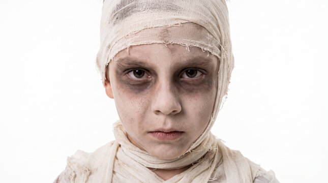 Group of children dressed as witch, mummy, skeleton, vampire and zombie running toward the camera with playful scary expressions on a white background, Halloween costumes, trick or treat, monster part