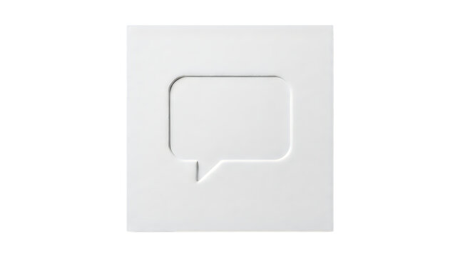 White speech bubble icon with embossed 3D effect on square background