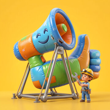 Cartoon construction worker repairing a giant inflatable megaphone and thumbs up symbol for creative marketing communication concepts