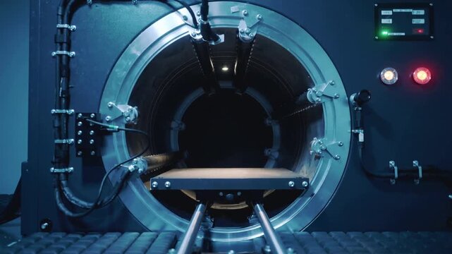Rail drive engaging, sled platform sliding on twin rails into lab chamber for testing, panel lights