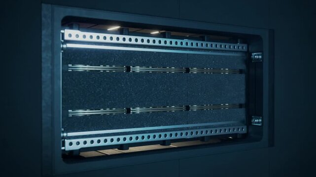 Driving panel unit sliding left in wall bay, exposing ribbed flat panels, rails and LED
