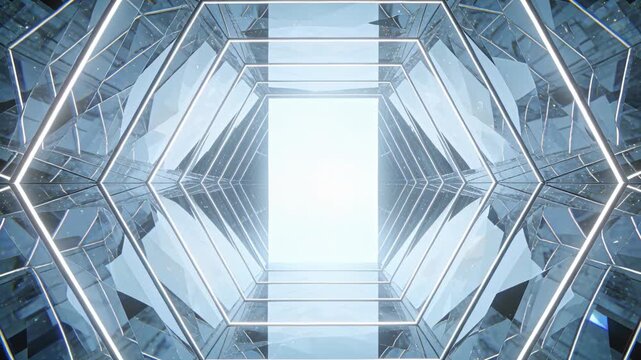 Camera starting gliding past hex frames showing bright portal in glass tunnel with LEDs, flares