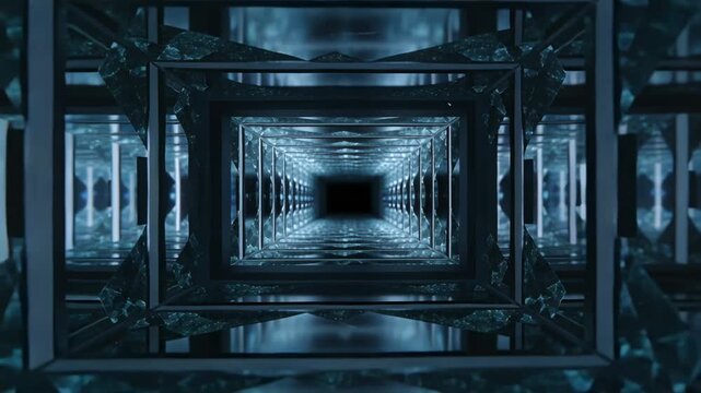 Starting forward camera moving through mirror tunnel revealing frames, crystals and light strips